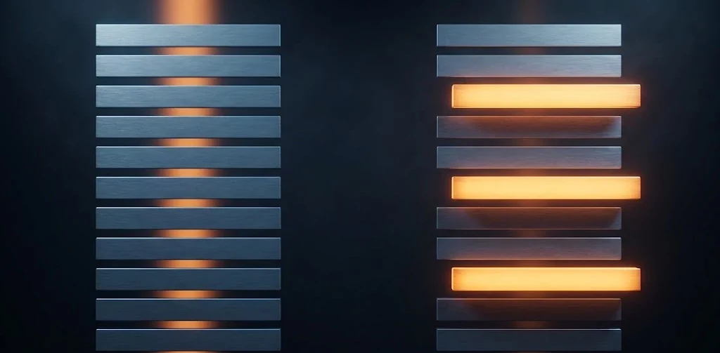 A uniform column of bars on the left is reordered on the right, with three lifted forward and lit.