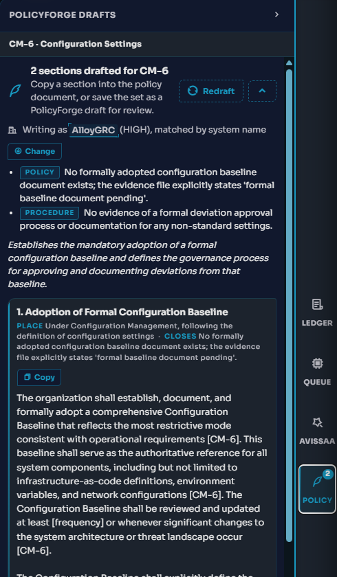 The PolicyForge drafts panel beside an evidence upload, showing two sections drafted for CM-6 with a placement hint and bracketed parameters.